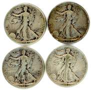 Four Different Walking Liberty Silver Half Dollars: 1941-1945