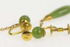 14K Yellow Gold 1960's Nephrite Tear Drop Dangle Screw Back Earrings
