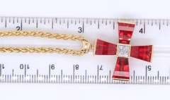 Handsome Yellow Gold Synthetic Ruby and Diamond Cross Pendant on Chain Necklace