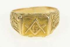 14K Yellow Gold 1940's Masonic Ornate G Compass Square Ring