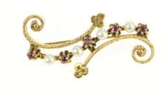 14K Yellow Gold 1940's Ruby Pearl Scroll Swirl Clover Ornate Pendant