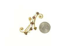 14K Yellow Gold 1940's Ruby Pearl Scroll Swirl Clover Ornate Pendant