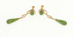 18K Yellow Gold Nephrite Tear Drop Dangle Retro Screw Back Earrings