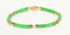 14K Yellow Gold Carved Jade Curved Stone Link Vintage Bracelet