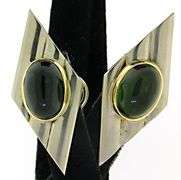 Sterling Silver and Gold Green Tourmaline Cab Earrings