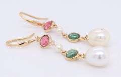 Fresh Water Pearl and Multi Gemstone Dangle Earrings