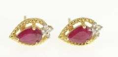 14K Yellow Gold Pear Natural Ruby Diamond Cluster Stud Earrings