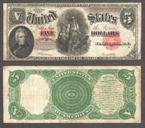 $5 1907 Popular Family Woodchopper United States Note= Very Fine
