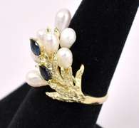 Unique Pearl and Blue Sapphire Ring In 14K Yellow Gold