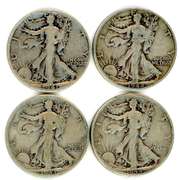 Four Different Walking Liberty Silver Half Dollars: 1941-1944