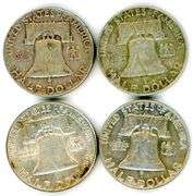 4 Different Silver Franklin Half Dollars 1951-1963-D