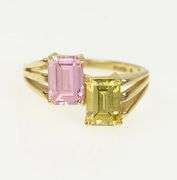 14K Yellow Gold Emerald Cut Pink & Yellow CZ Bypass Ring