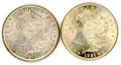 Two Different Morgan Silver Dollars: 1900 & 1921