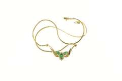 14K Yellow Gold Marquise Syn. Emerald Diamond Halo Chevron Necklace