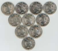 Half Roll of 10 flashy-white BU 1923 Peace Silver Dollars