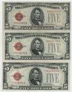 3 Crisp Near CU 1928 Series Small Size $5 Red Seal Notes