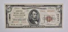 1929 $5 Gloucester, MA United States National Currency Note 13604