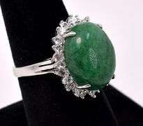 Delightful 11.00CTS Oval Cabochon-Cut Emerald & 1.00CTW White Sapphire Ring in Sterling Silver