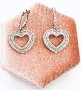 Triple Row Diamond Encrusted Hear Earrings with 14k White Gold