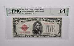PMG 64 EPQ $5 1928 US Legal Tender Note FR#1525 (BA Block) Red Seal