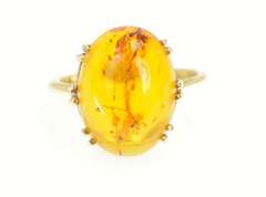 14K Yellow Gold Natural Amber Cabochon Vintage Cocktail Ring