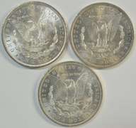 3 Diff. bright-white lustrous BU 'P' Mint Morgan Silver Dollars