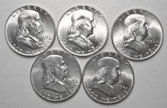 Lot Of 5 BU Franklin Half Dollars