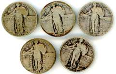 Five Different Silver Standing Liberty Quarters: 1925-1930