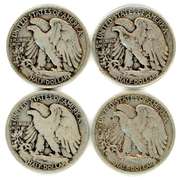 Four Different Walking Liberty Silver Half Dollars: 1941-1944