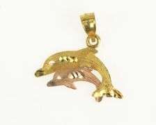 14K Yellow Gold Two Tone Diamond Cut Dolphin Ocean Motif Charm/Pendant