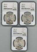 3 Diff virtual Gem BU Peace Silver Dollars. NGC MS64+
