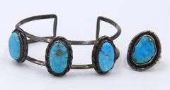 Vintage Sterling Silver Turquoise Cuff Bracelet and Turquoise Ring