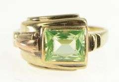 10K Yellow Gold 1930's Sim. Lime Quartz Emerald Cut Vintage Ring