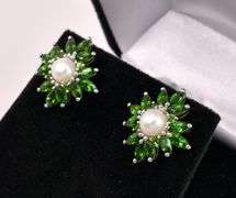 Pearl And Emerald Earrings In Sterling Silver