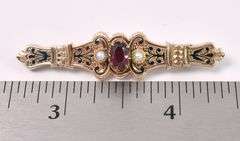 Unique Rhodolite Garnet And Pearl Pin In Yellow Gold