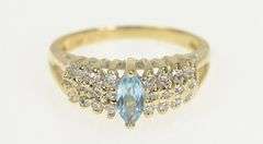 14K Yellow Gold Marquise Blue Topaz Diamond Cluster Band Ring