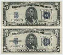 2 Crisp Nice Series of 1934D $5 Blue Seal Silver Certificates