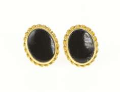 10K Yellow Gold Oval Black Onyx Twist Trim Stud Earrings