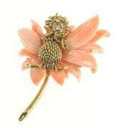 14K Yellow Gold Carved Coral Flower Baby Bird Diamond Pin/Brooch