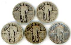 Five Different Silver Standing Liberty Quarters: 1926 to 1929-S