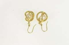 14K Yellow Gold Pearl Twist Cage Dangle Vintage Hook Back Earrings