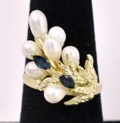 Unique Pearl and Blue Sapphire Ring In 14K Yellow Gold