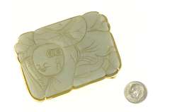 14K Yellow Gold Ornate Carved Chinese Jade Gardener Belt Buckle