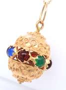 Fabulous Yellow Gold Ornamental Gemstone Scroll Pendant on Chain