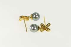 14K Yellow Gold Grey Pearl Diamond X Criss Cross Dangle Earrings