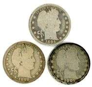 Three Different Barber Silver Quarters: 1894, 1898-O, and 1901