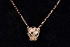 Tsavorite Garnet And Diamond Jaguar Head Pendant In 14K Rose Gold