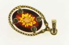 14K Yellow Gold Vintage Ornate Carved Rose Flower Glass Pendant