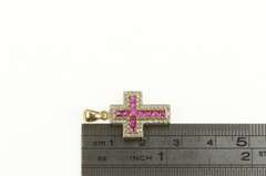 10K Yellow Gold Princess Syn. Ruby Diamond Accent Cross Pendant