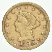 1843-C $2.50 Liberty Head Gold Quarter Eagle Large C No Motto